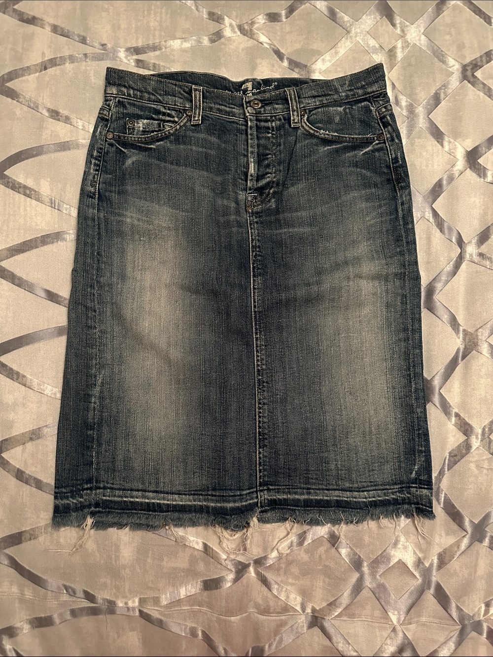 7 For All Mankind Distressed Dark Blue Denim Midi Skirt